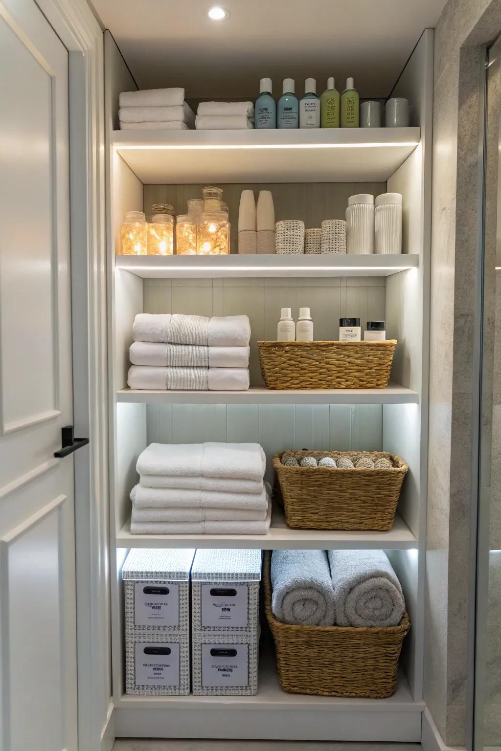 LED lighting enhances the aesthetic of a well-organized bathroom closet.