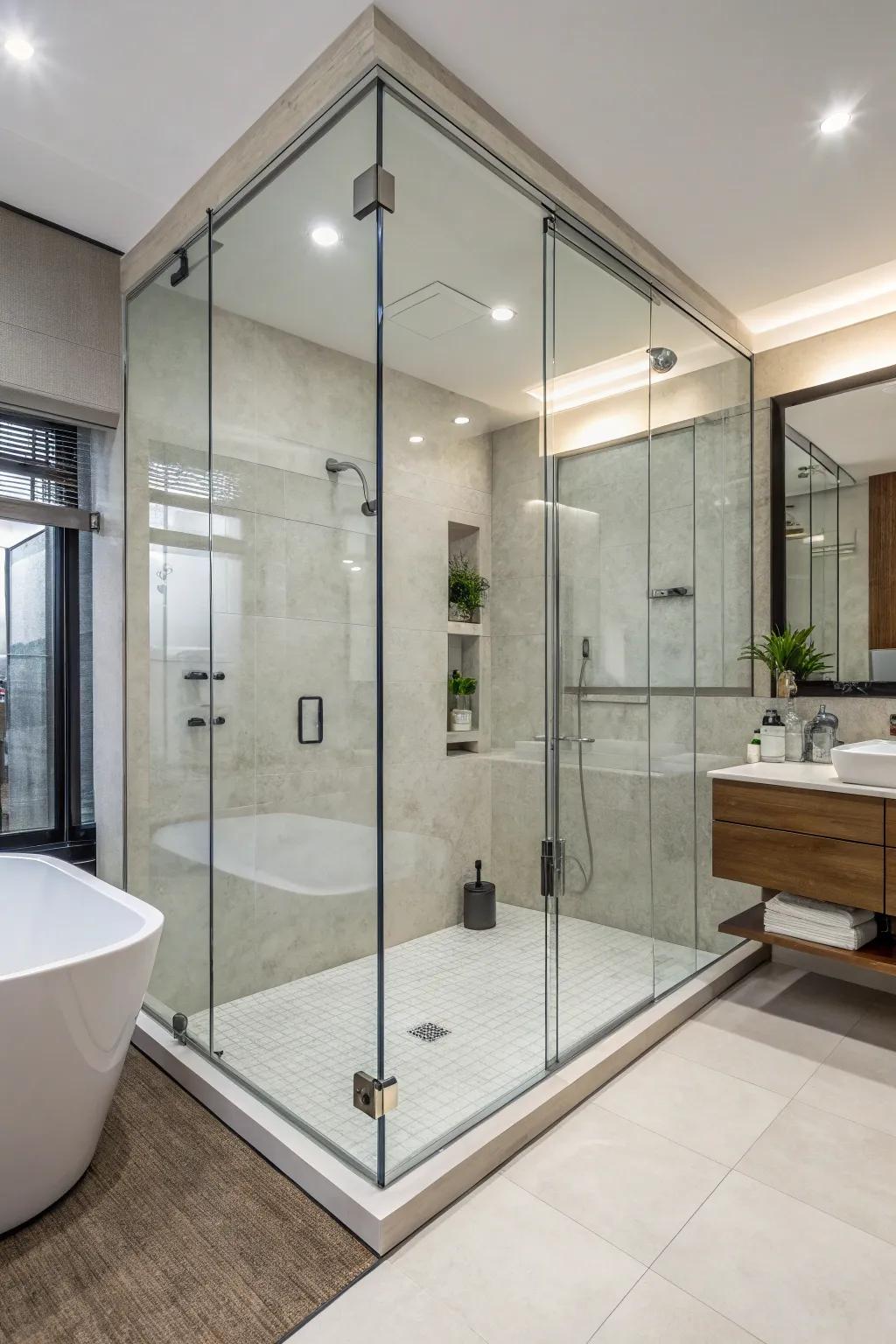 A modern bathroom with a frameless glass shower enclosure, offering transparency and elegance.