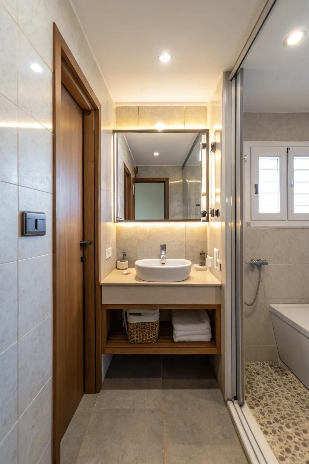 Reflective dividing screens bounce light and fashion a sensation of spaciousness.