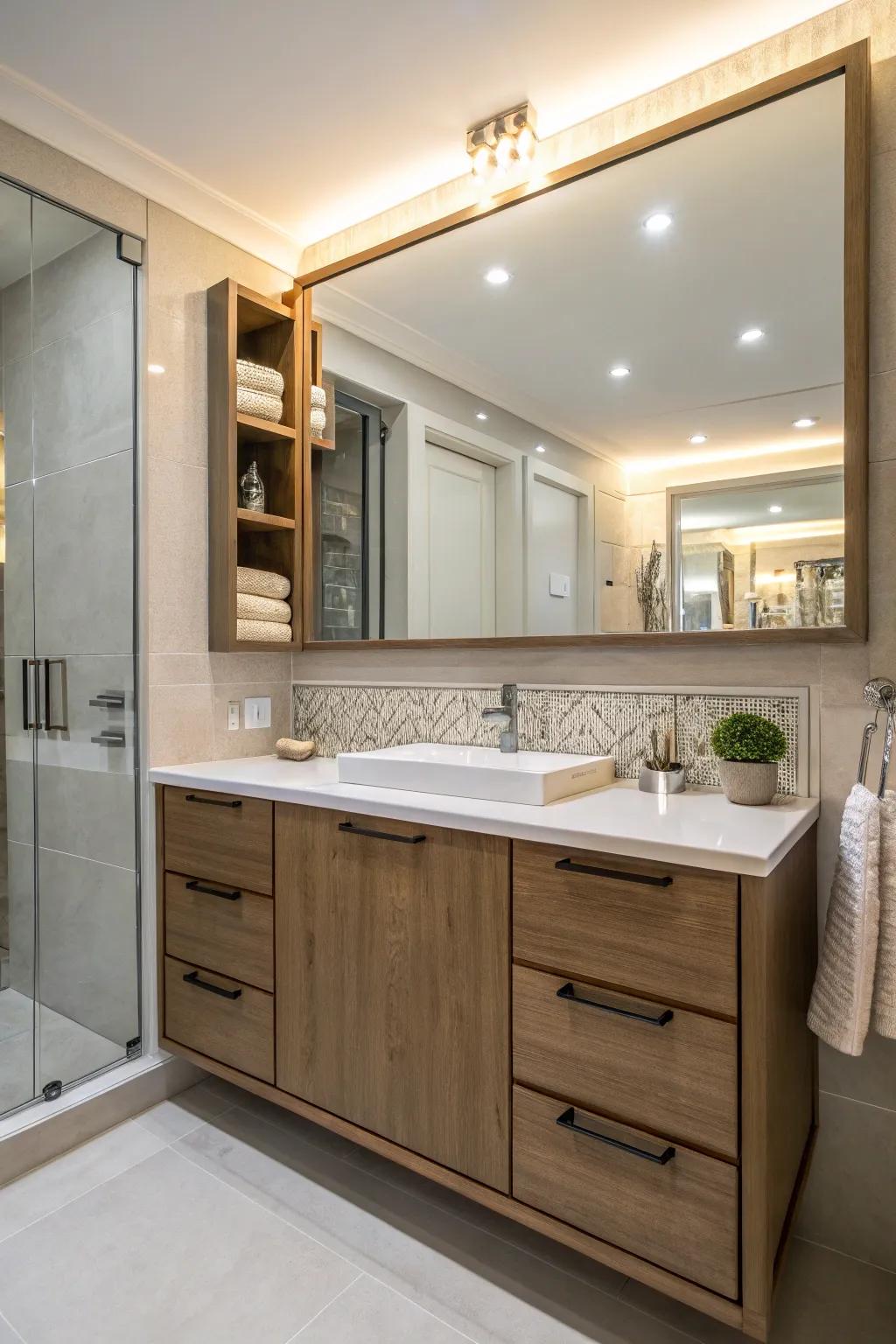 Mirrored cabinets provide practical storage and style.