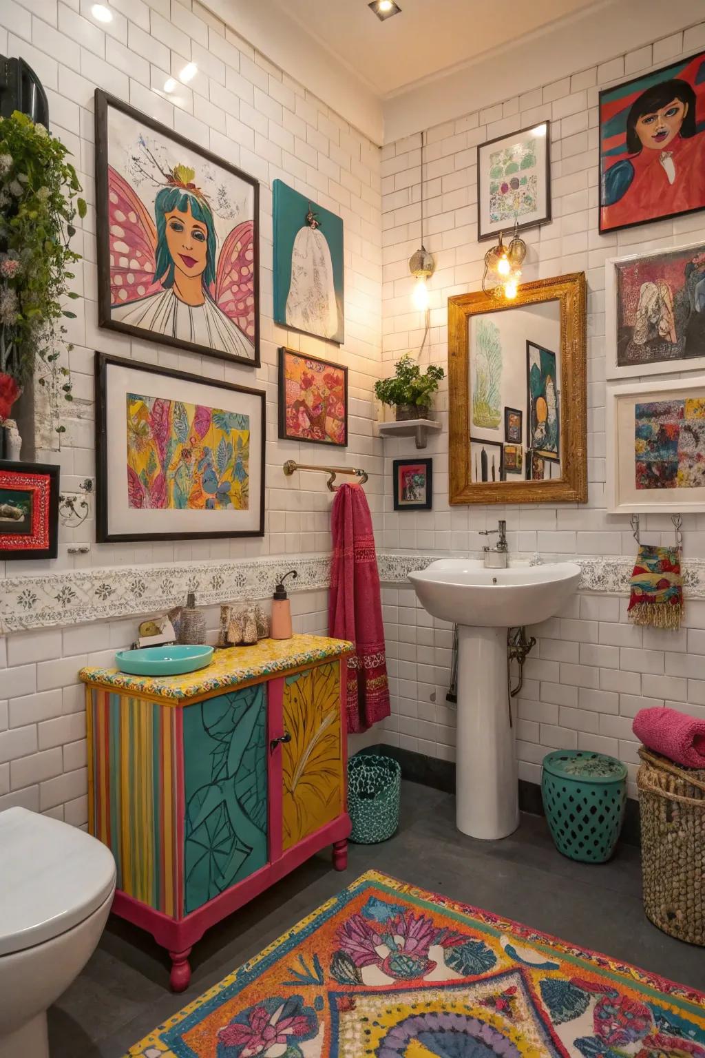 A creative and diverse bathroom featuring colorful art and decor.