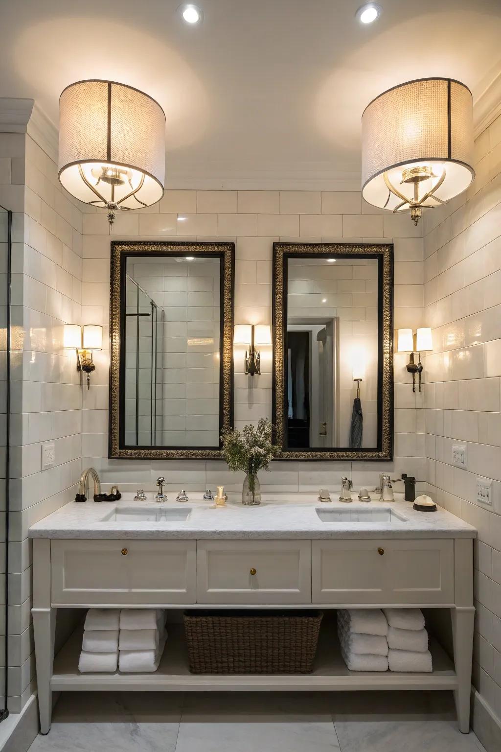 Extra-large sconces create a bold impression in any bathroom.