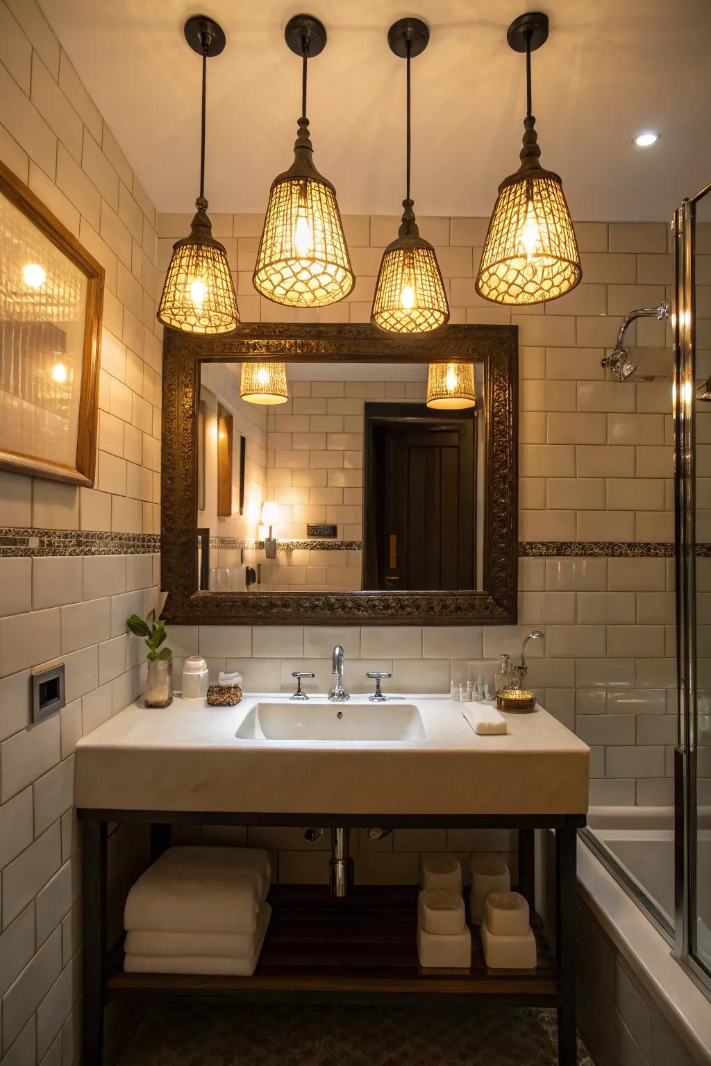 Statement lighting to boost bathroom atmosphere.
