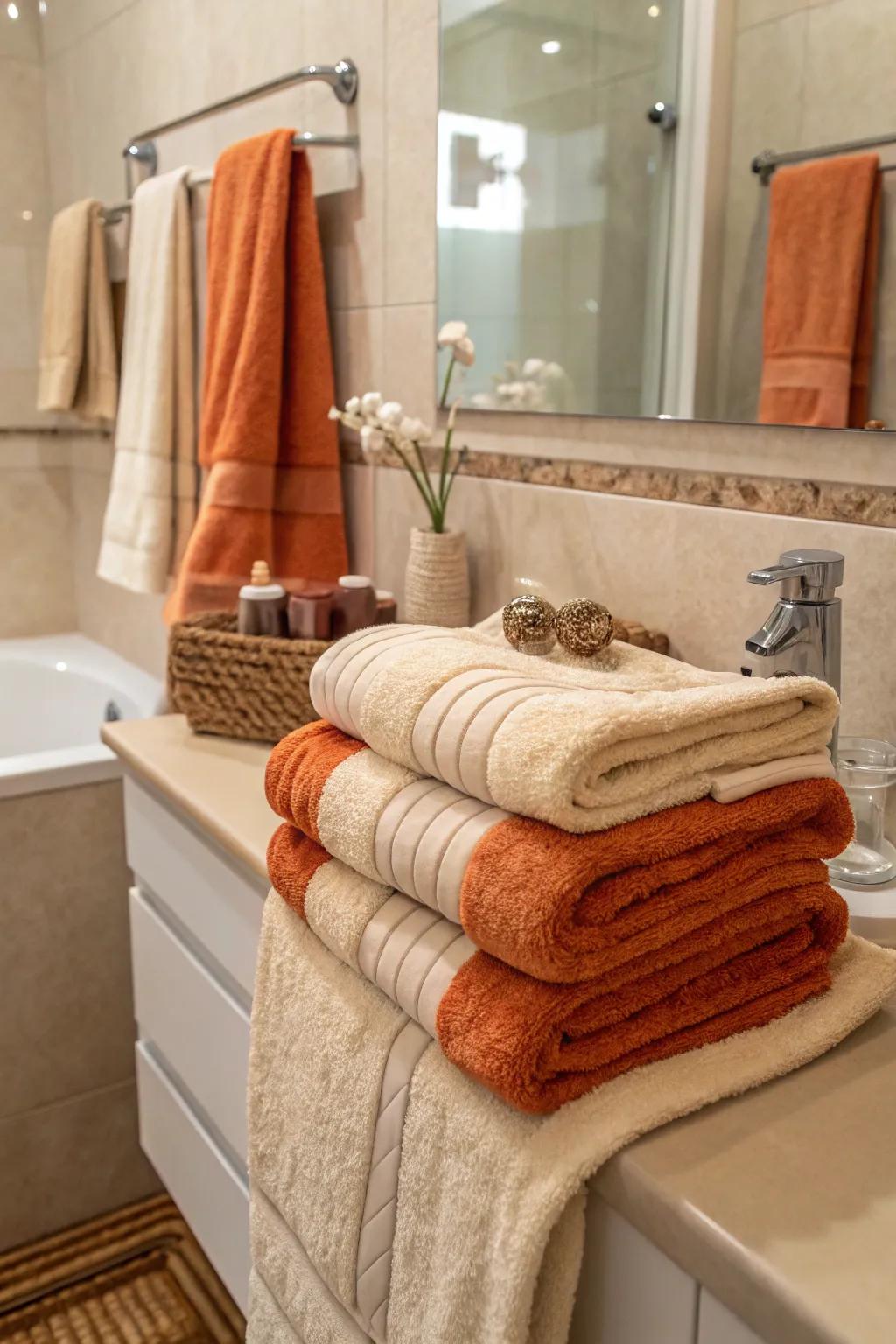 Tangerine and sand towels provide warmth and comfort.