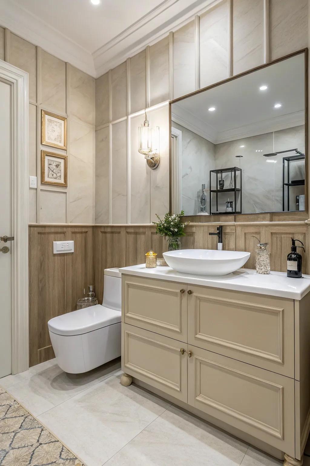 Balanced design with partial wall paneling.