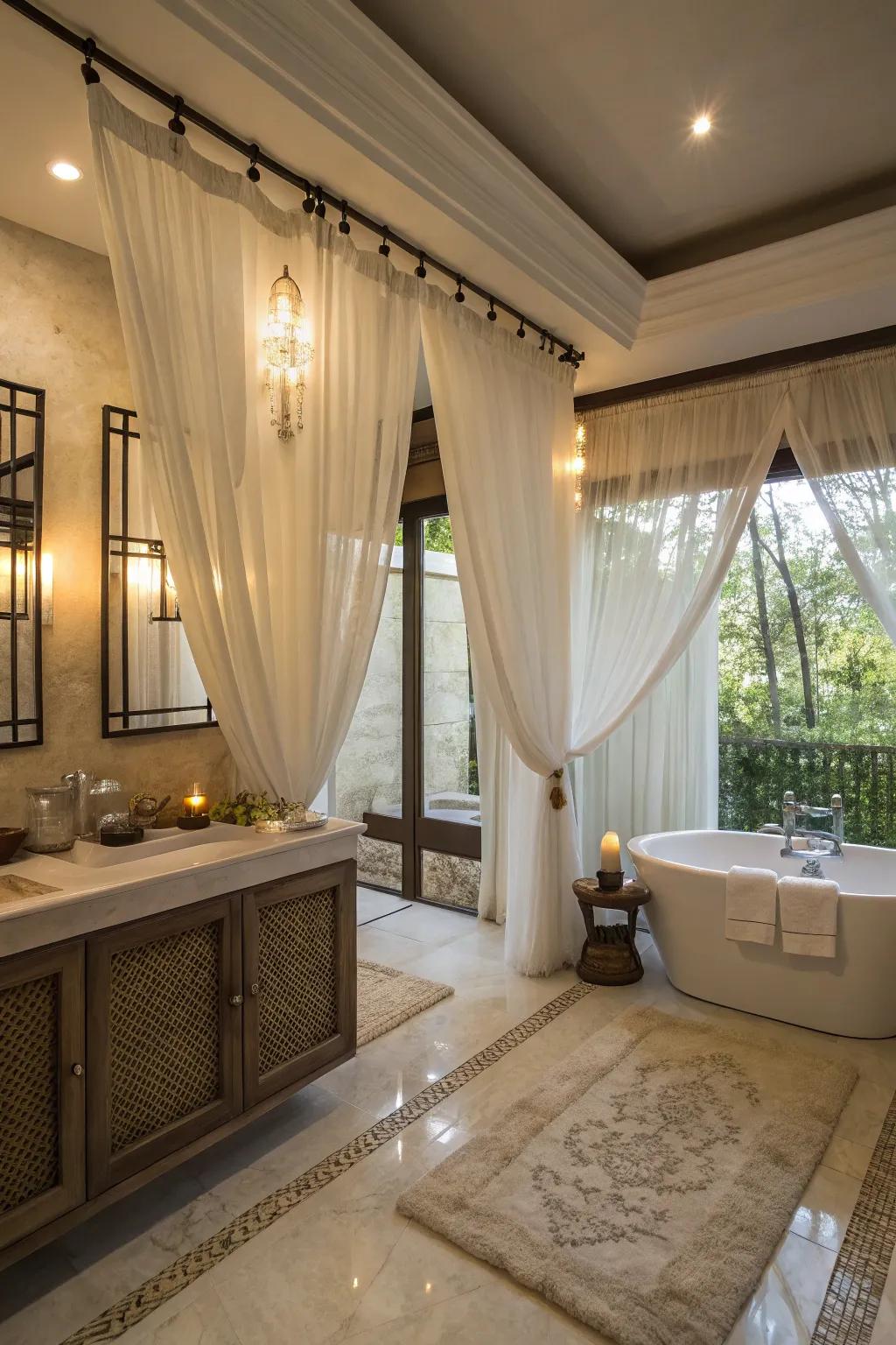 Sheer curtains creating a tranquil, spa-like atmosphere in the bathroom.