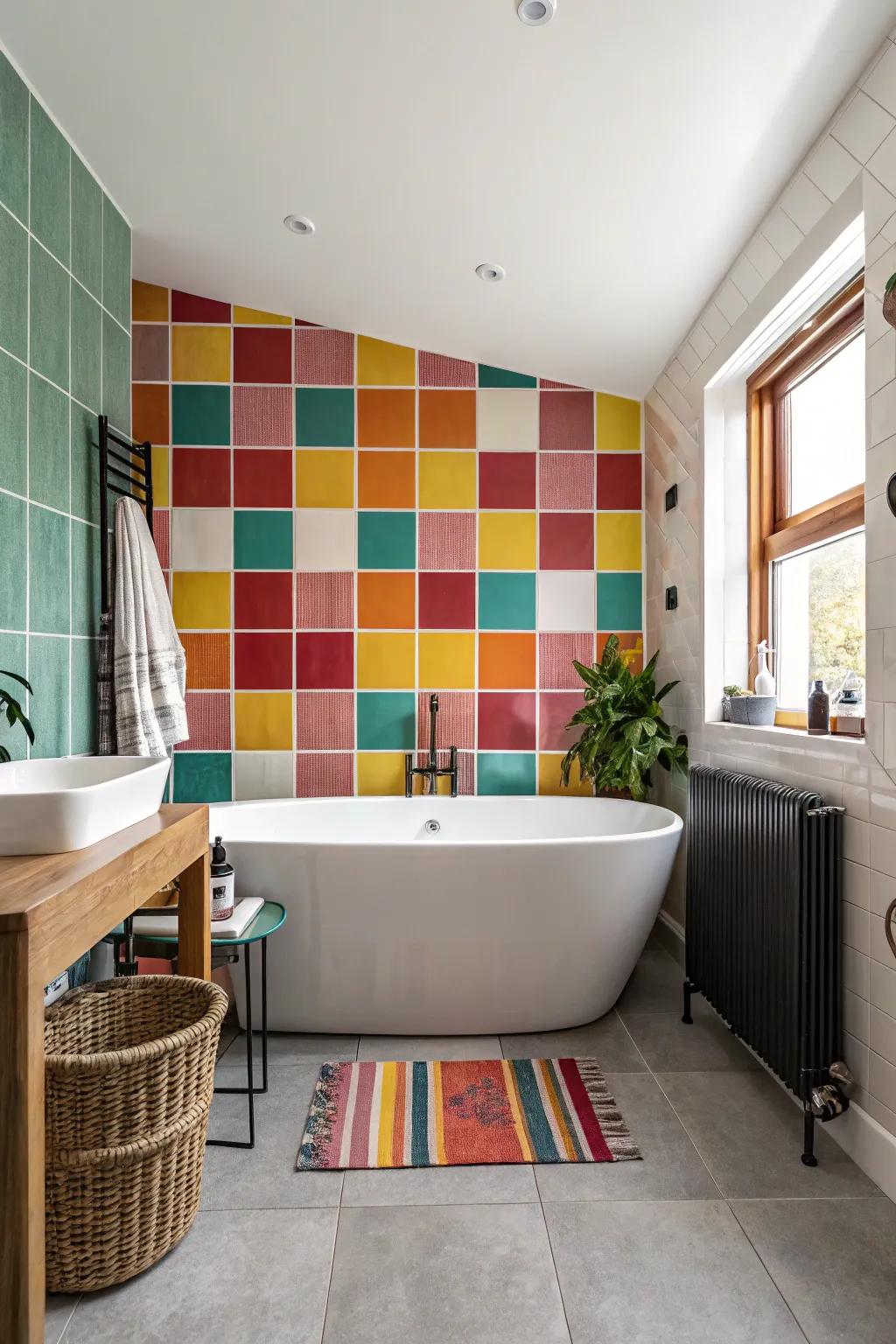 A feature tile wall stands out as the main focal point in this bathroom.