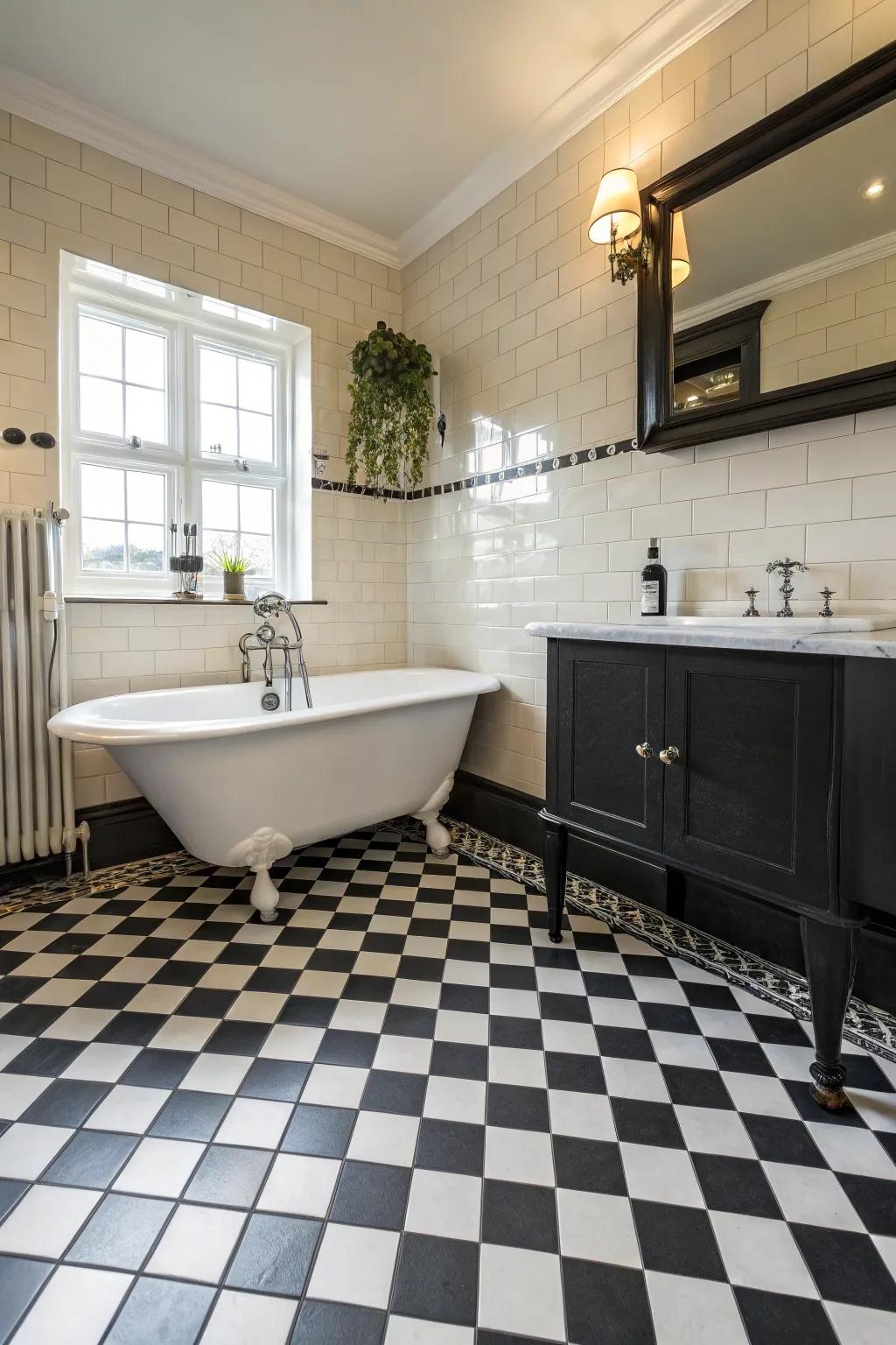 A chessboard layout adds timeless charm to this modern bathroom.