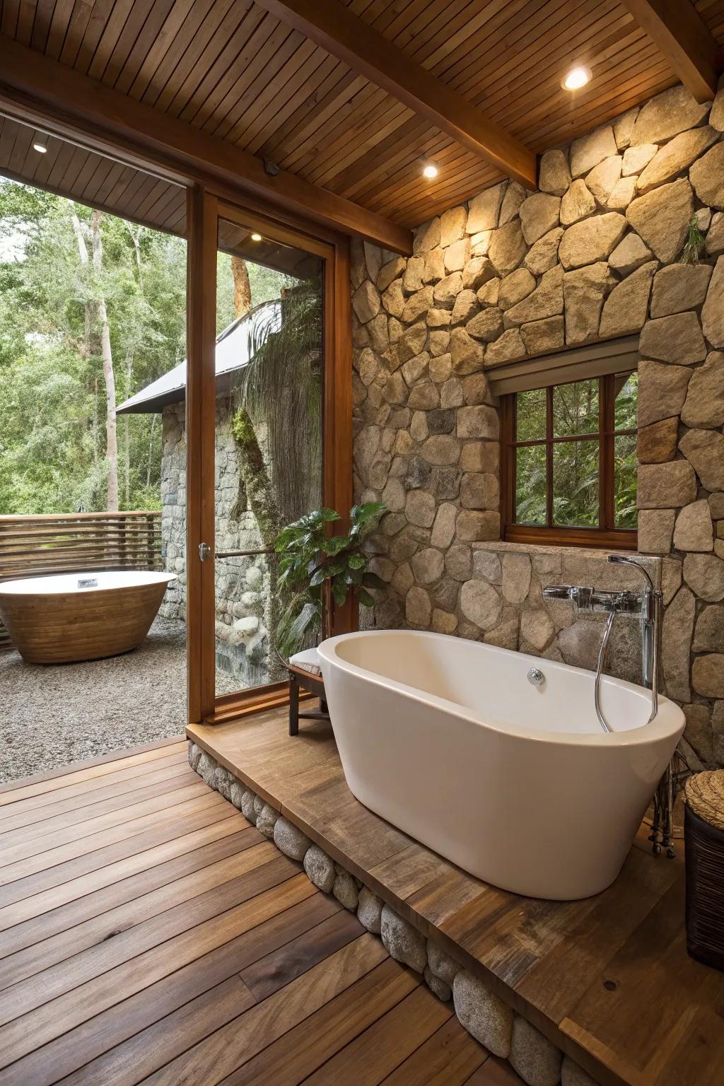 A snug bathroom exhibiting natural timber and stone textures.
