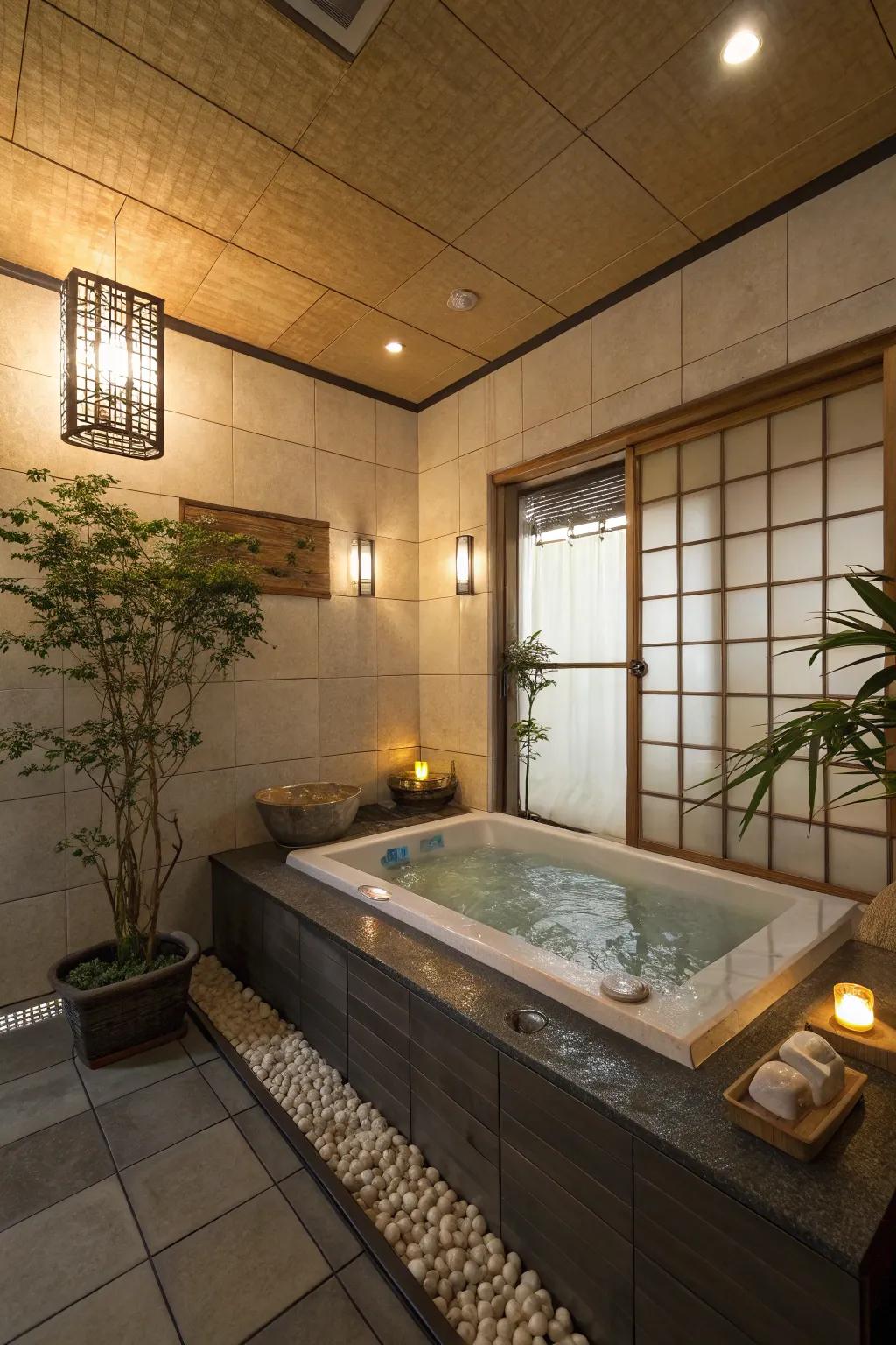 A tranquil bathroom features a deep, cultural Japanese soaking tub.