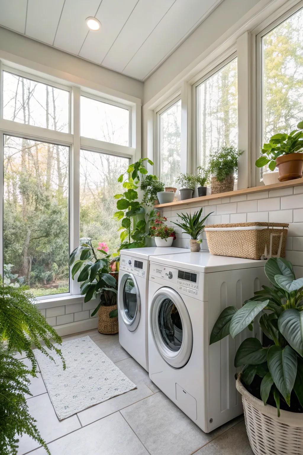 Adding plants to the laundry area enhances the overall serenity.