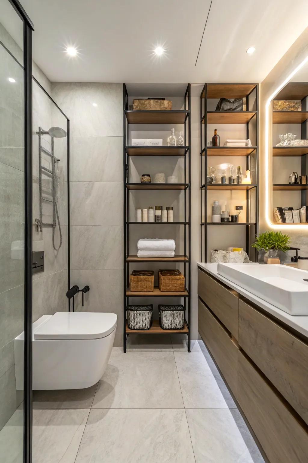 Elegant storage solutions keep your bathroom organized and stylish.