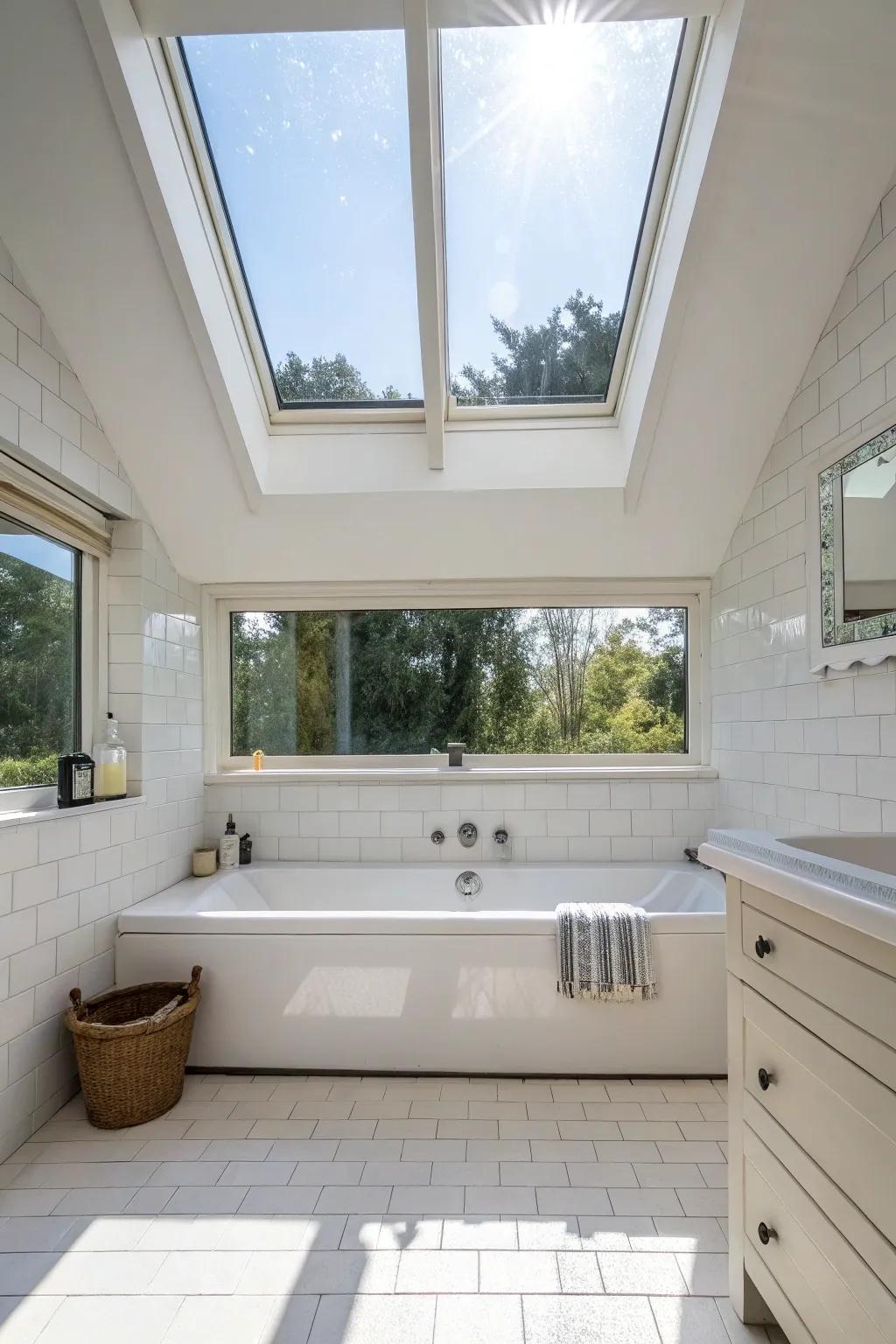 Sunlight from a skylight enhances the vibe of this bath space.