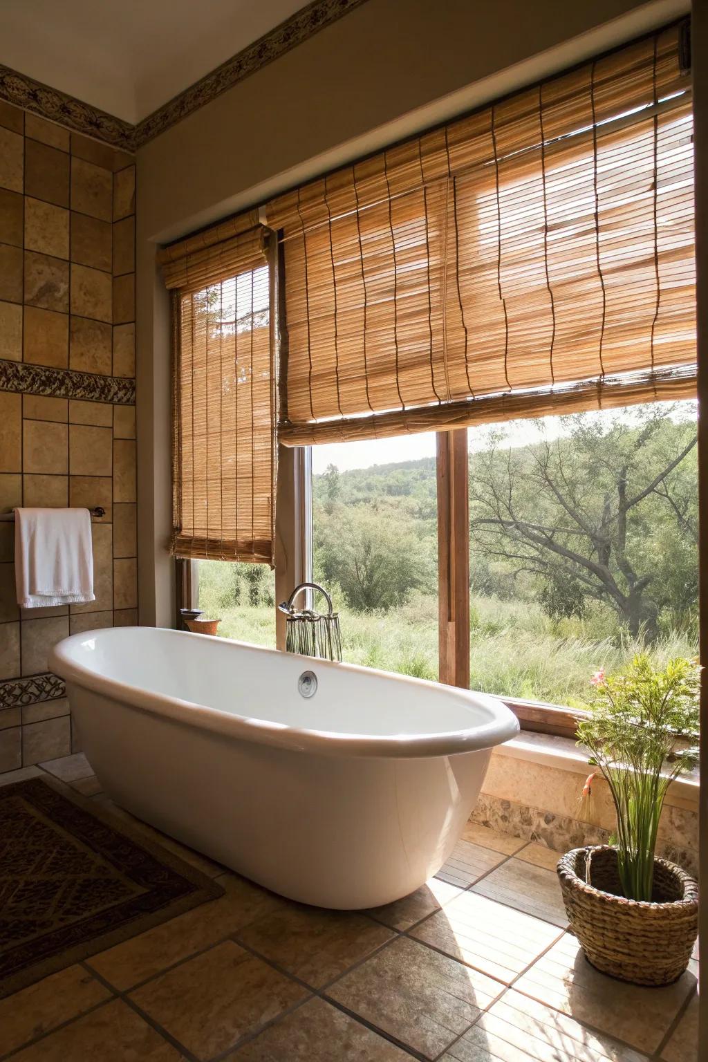 Wooden shades provide a cozy, natural feel.