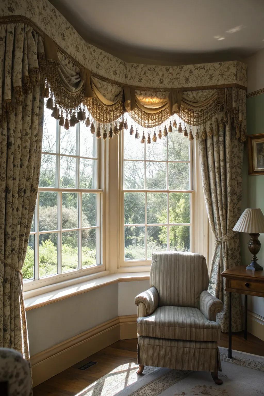 Accents like trimmings and ties enhance window toppers.