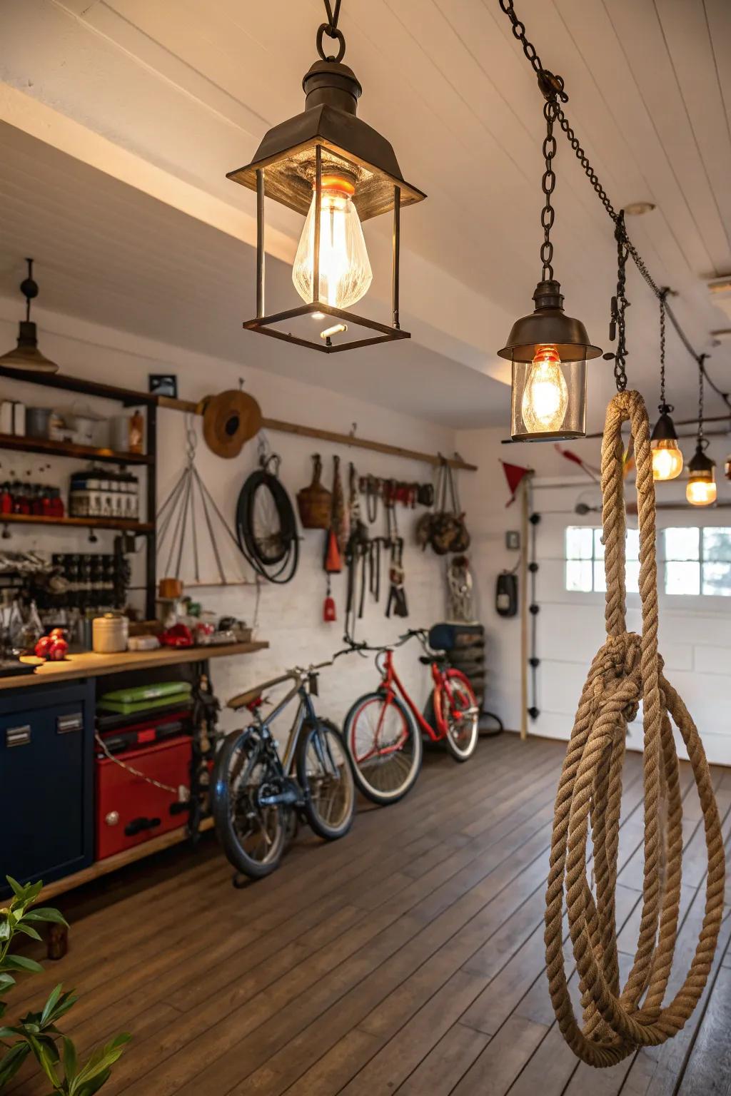 Nautical lights enhance charm and warmth in this garage.