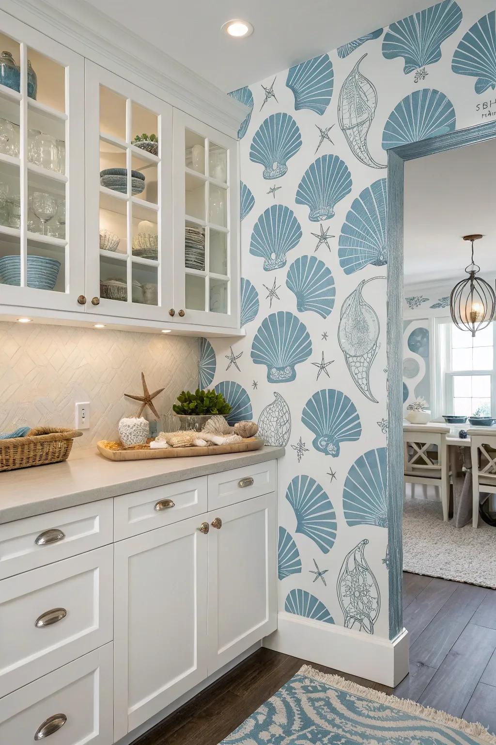 Introduce coastal charm to your kitchen using marine shell-patterned wallpaper.