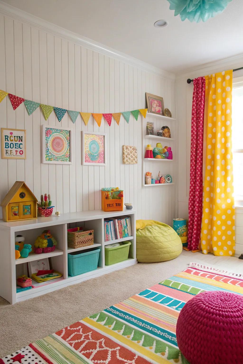 A creative kid’s room featuring a plank panel feature wall.
