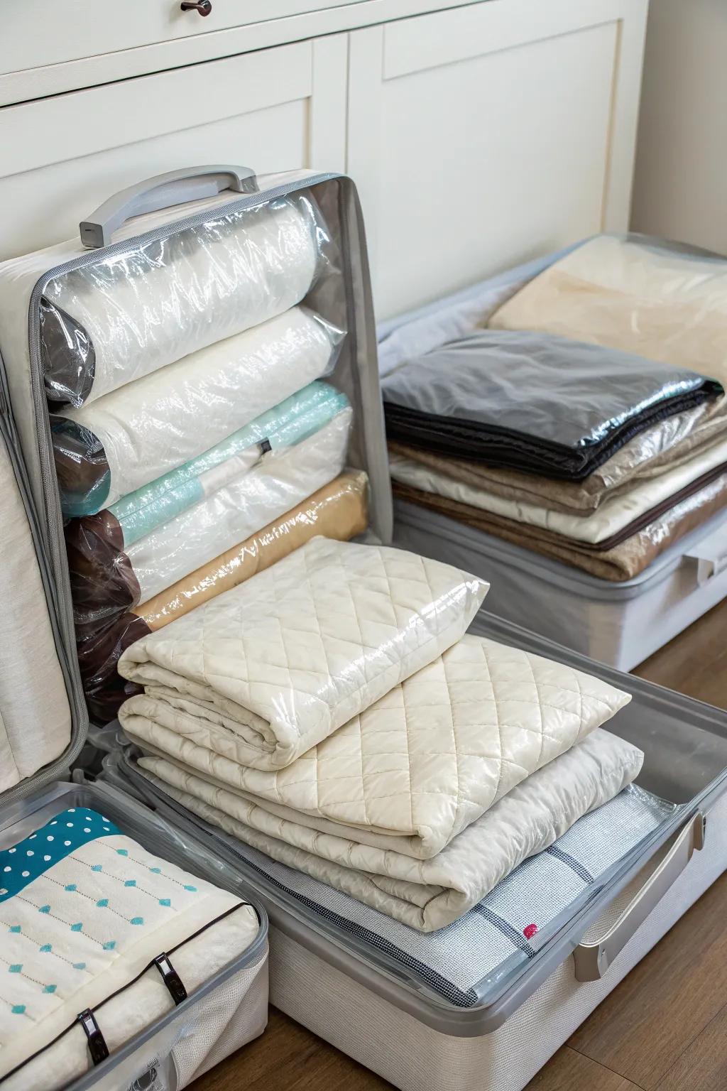 Vacuum-sealed bags conserve area and safeguard your sheets.