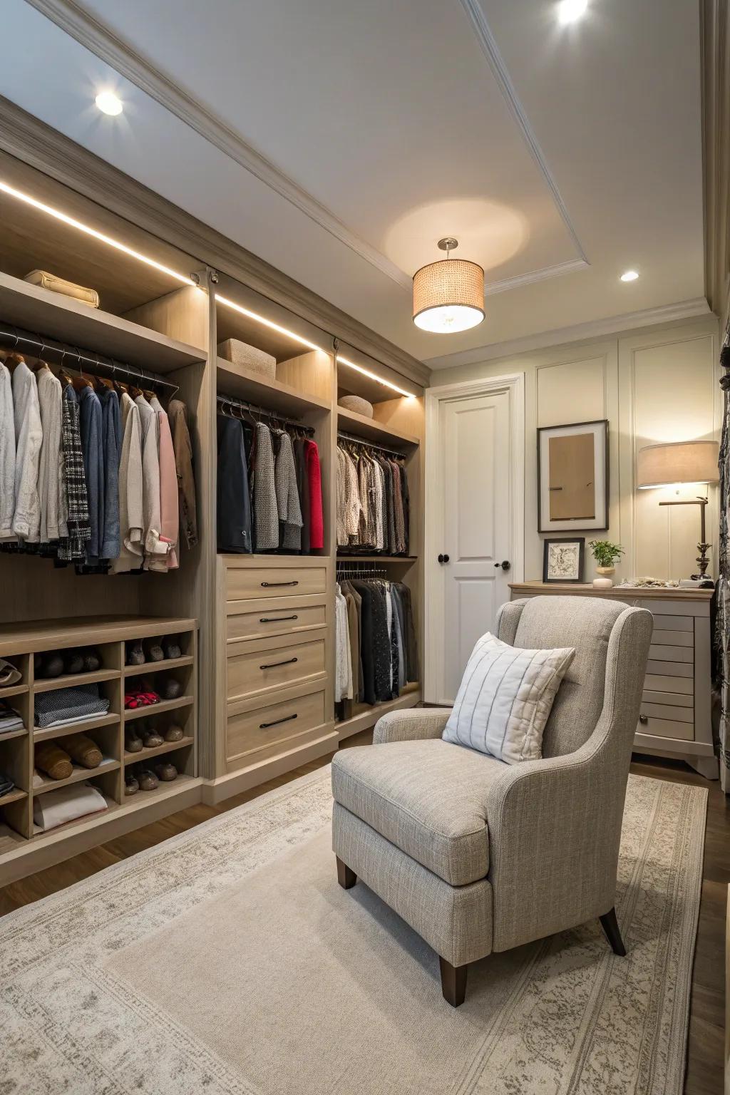 A seating area brings comfort and style to your closet.