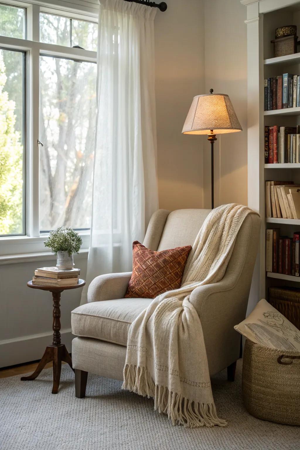 A reading nook offers a serene hideaway within your bedroom.