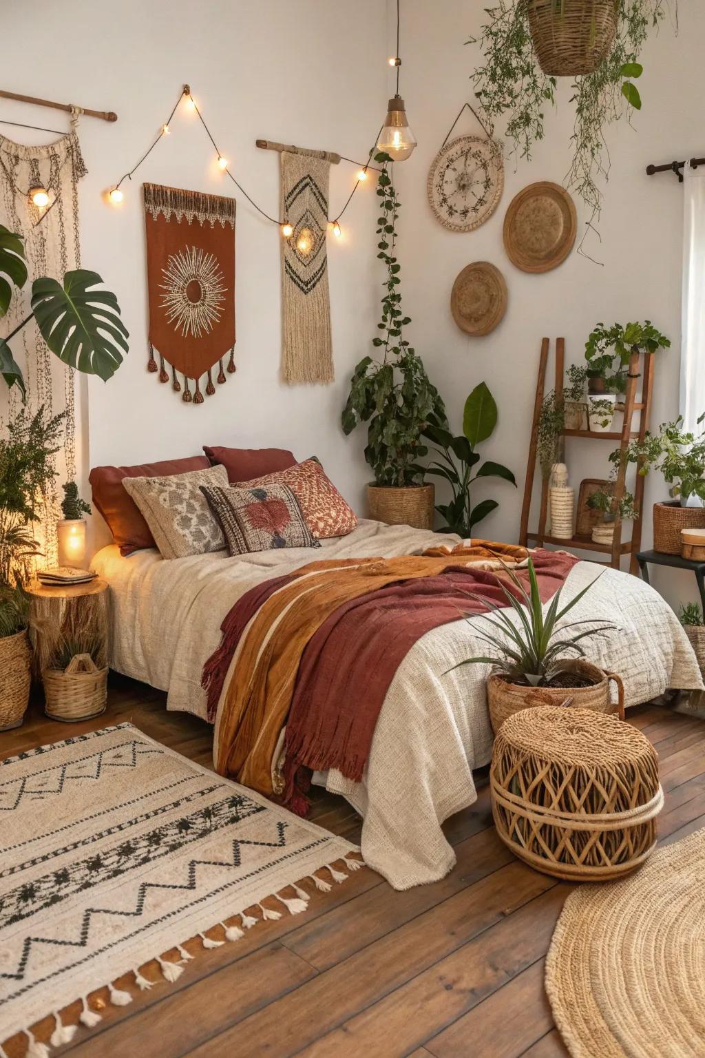 Eclectic fabrics and plants create a relaxed, boho-stylish vibe in this bedroom.