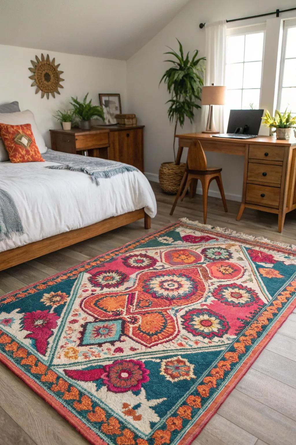 A statement rug ties the room's elements together with style.