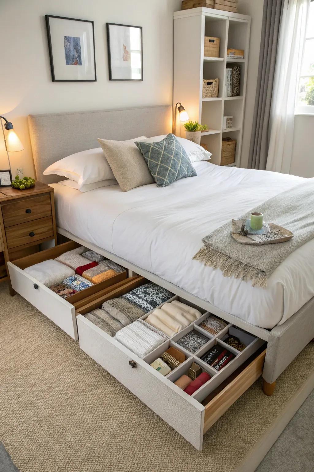 Under-bed storage is a clever space-saving solution.