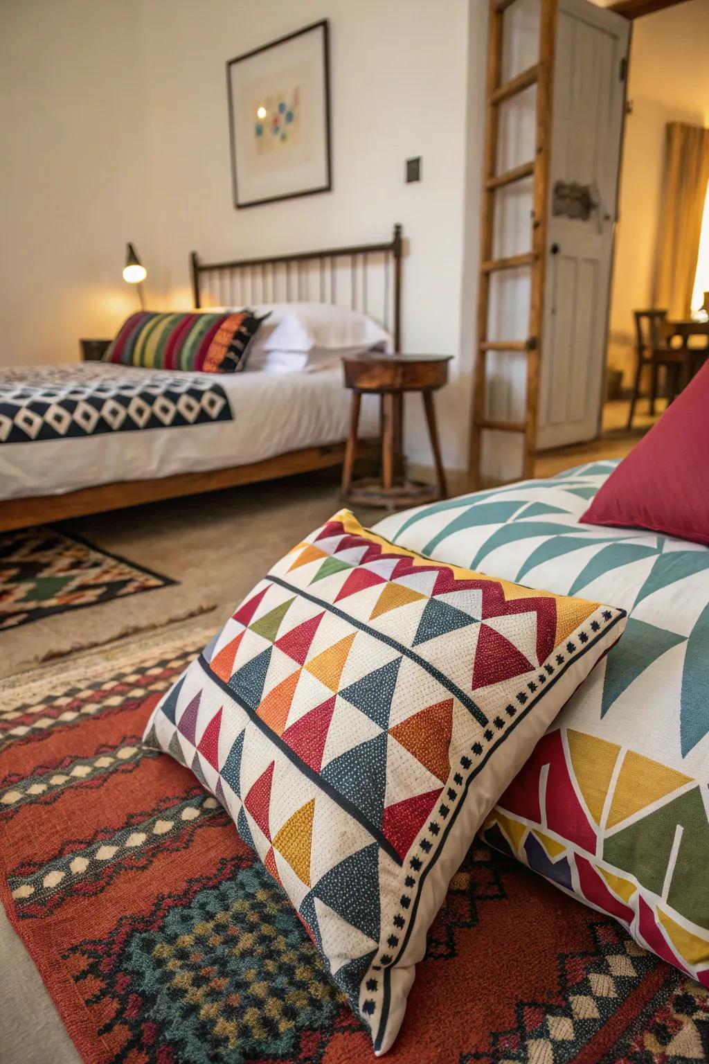 A bedroom enlivened by the playfulness of patterns.