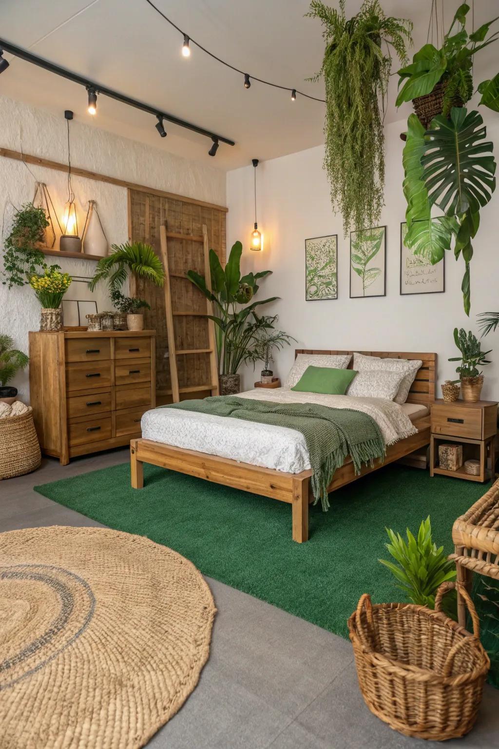 Sustainable decor works with the verdant floor covering, making a nature-inspired refuge.