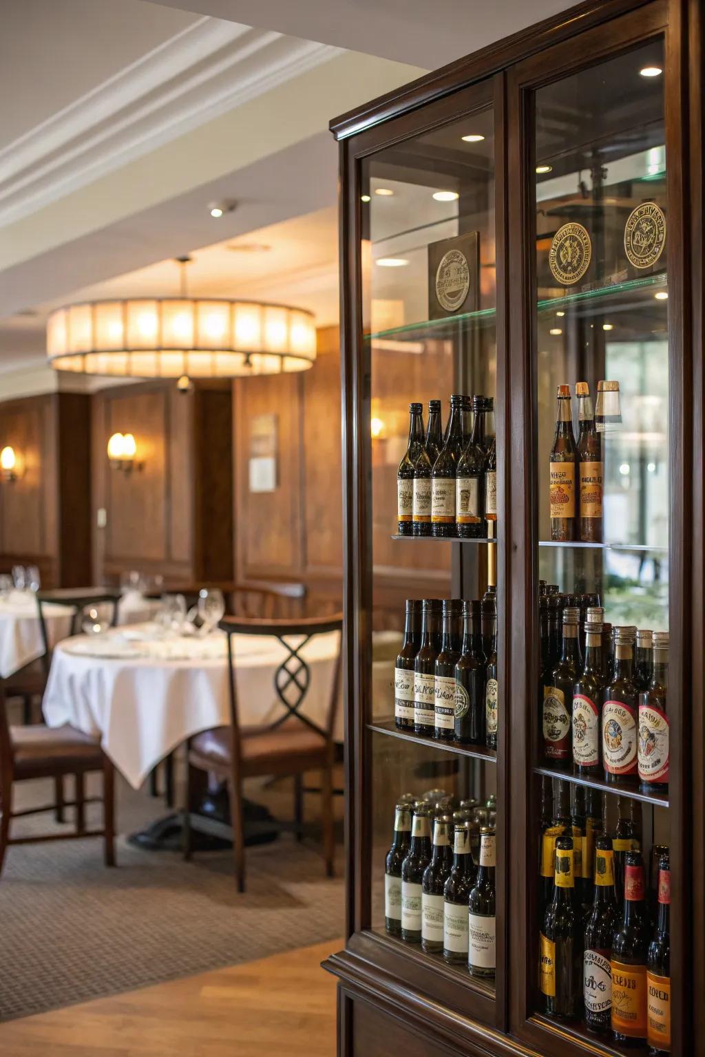 A graceful glass display cupboard with beer bottles in a dining room.