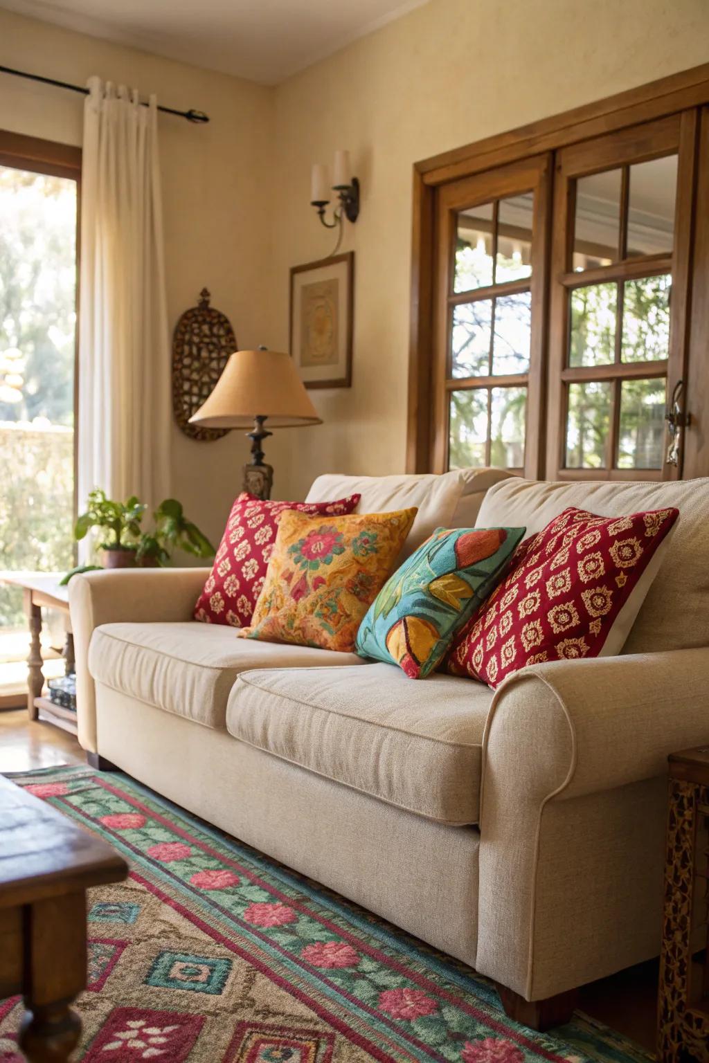 A sand-toned sofa living room is given a playful pop of color by bright cushions.
