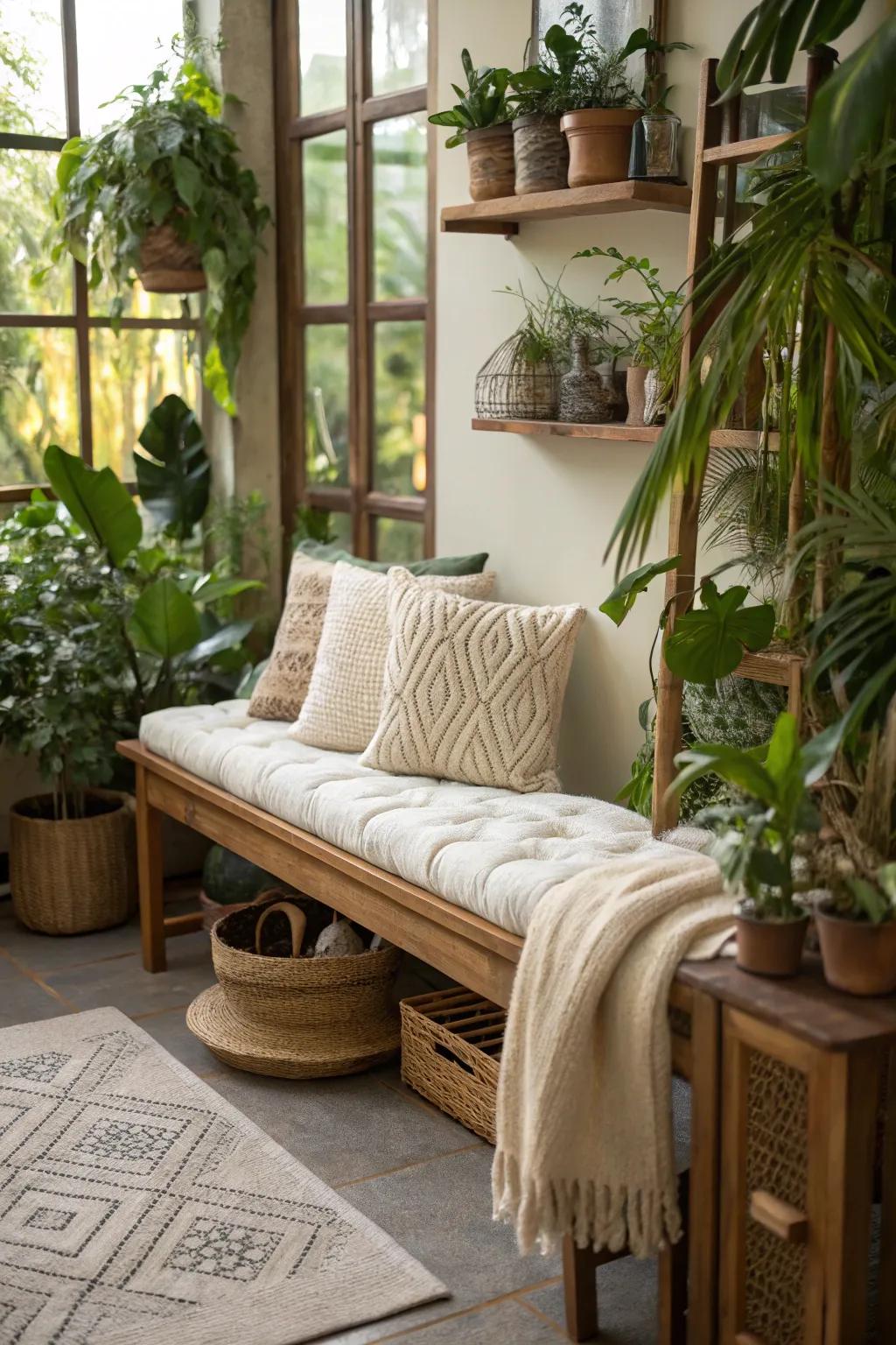 Earth-friendly fiber cushions add eco-conscious elegance to your bench.