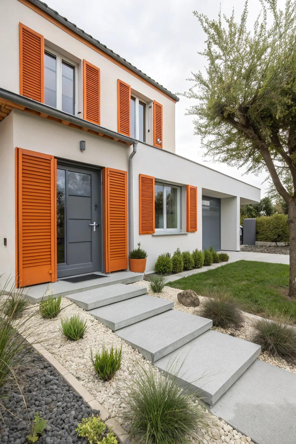 Vibrant tangerine and neutral stone create a lively, modern visual.