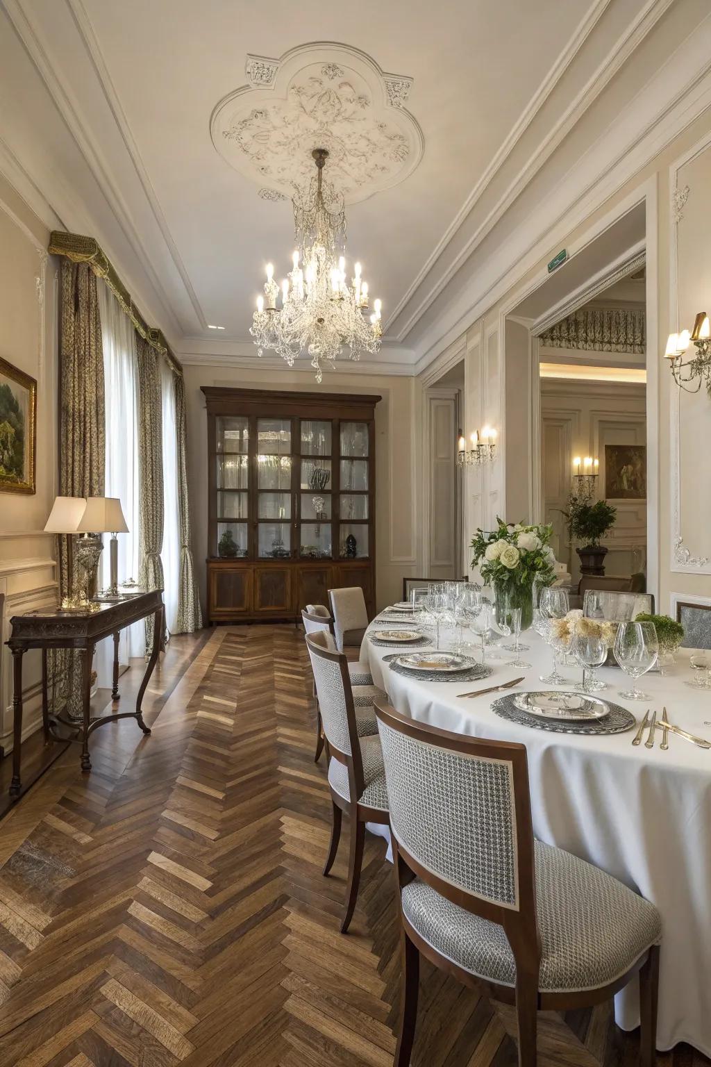 Herringbone wood flooring elevates elegance and style.