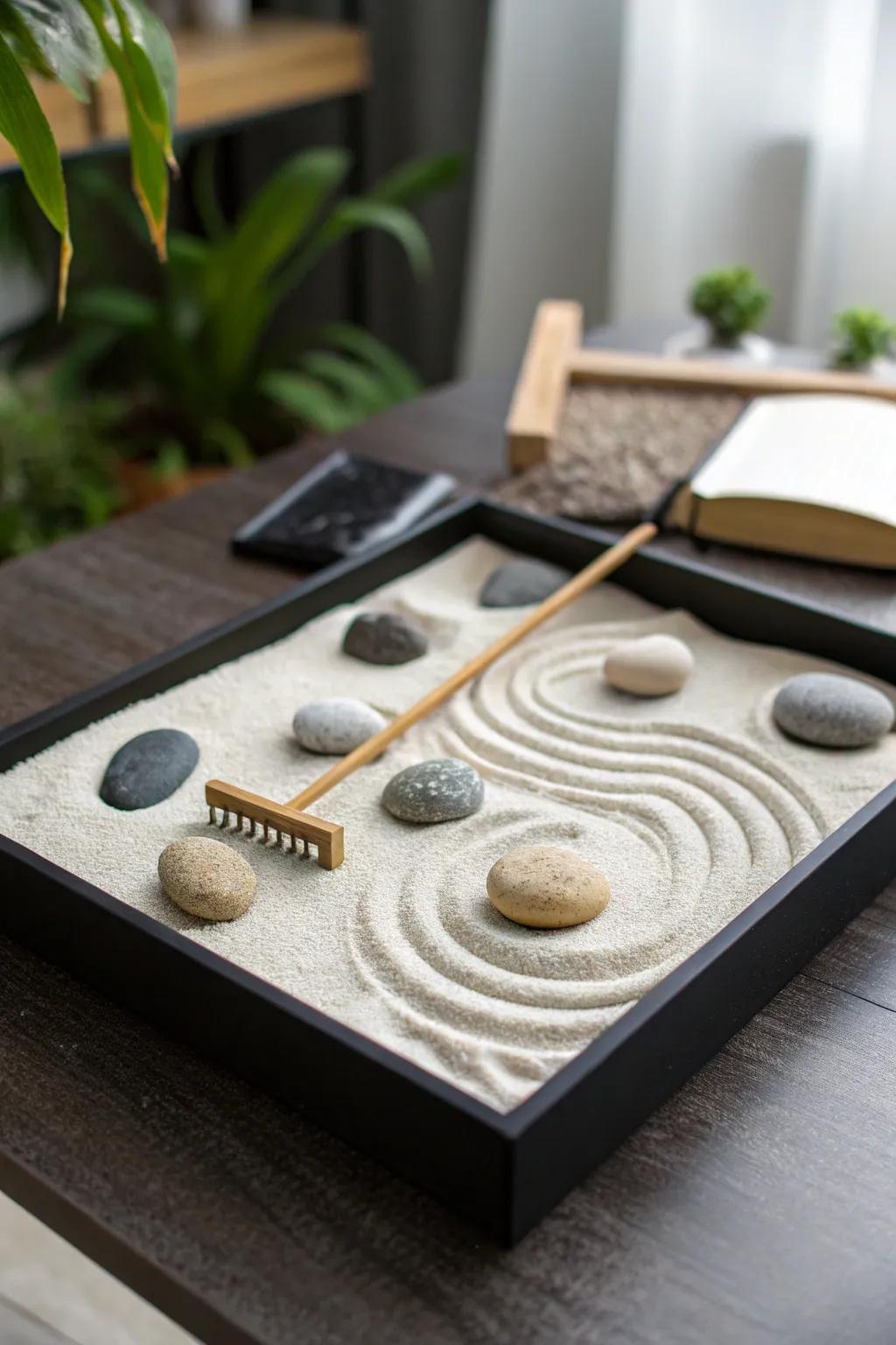 Miniature zen gardens offer a moment of peace and reflection in a busy day.