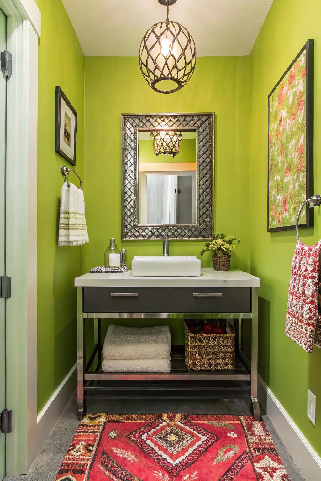 A vibrant powder room featuring zingy green walls.