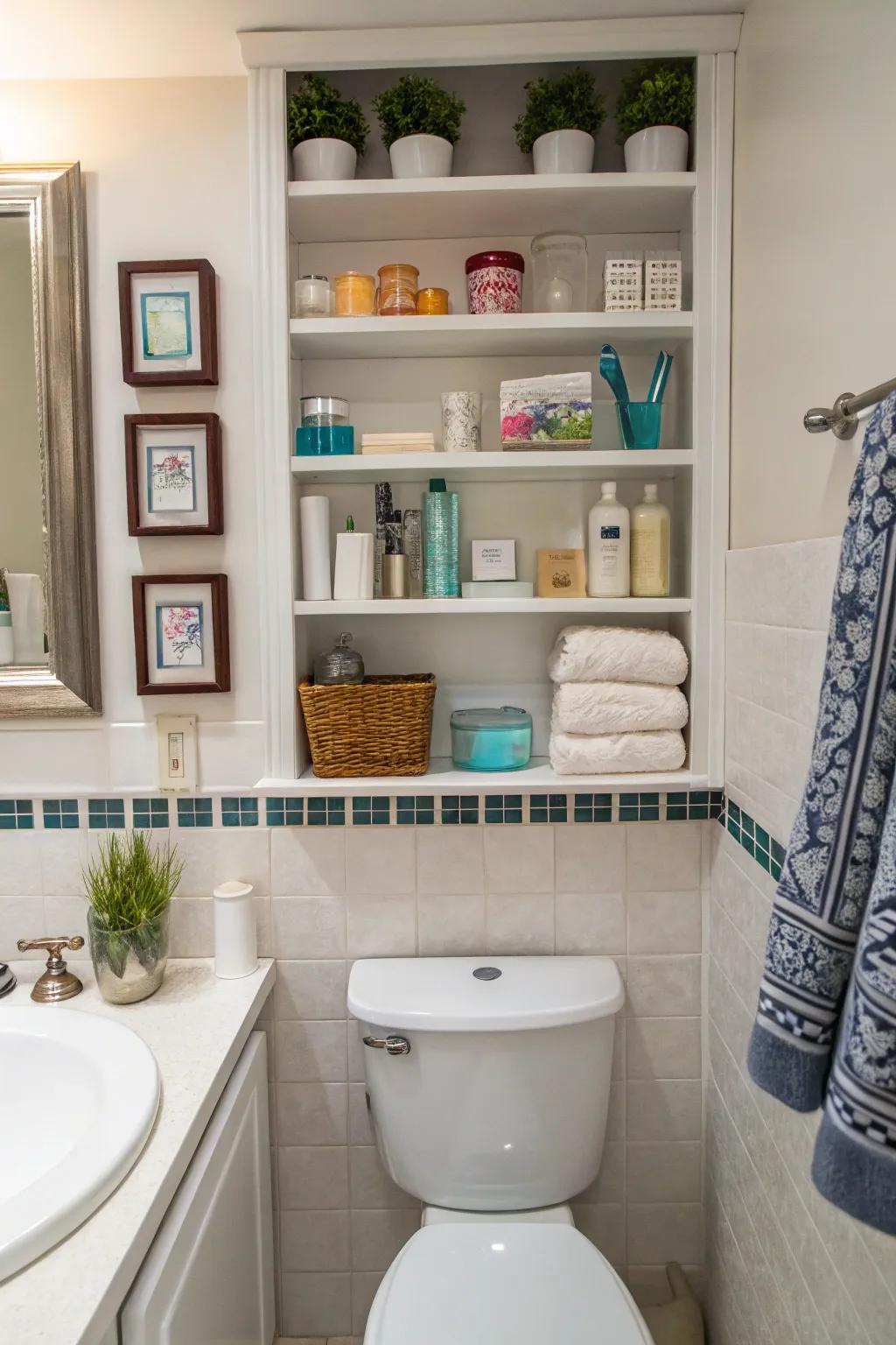 Recessed shelving elegantly incorporates storage into the wall.
