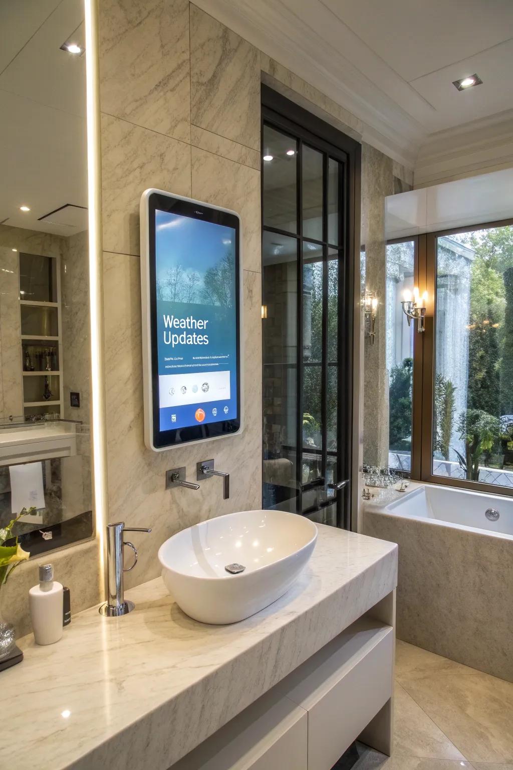A smart mirror elevates a modern bathroom with its interactive display and stylish design.