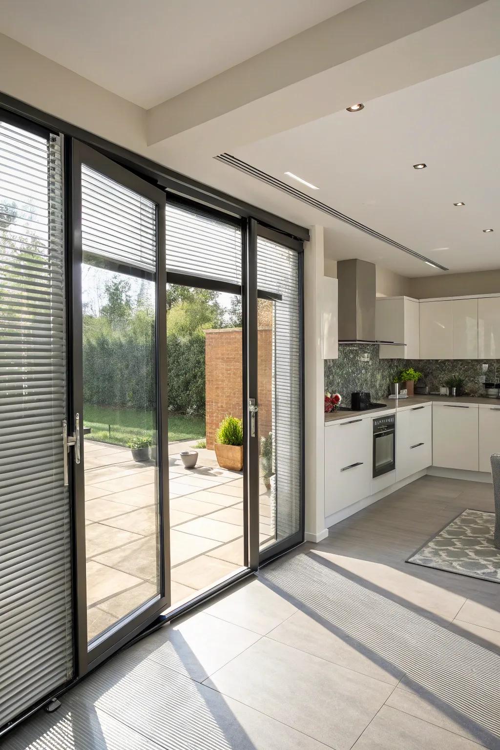 Built-in blinds in bifold doors offer versatile light control.