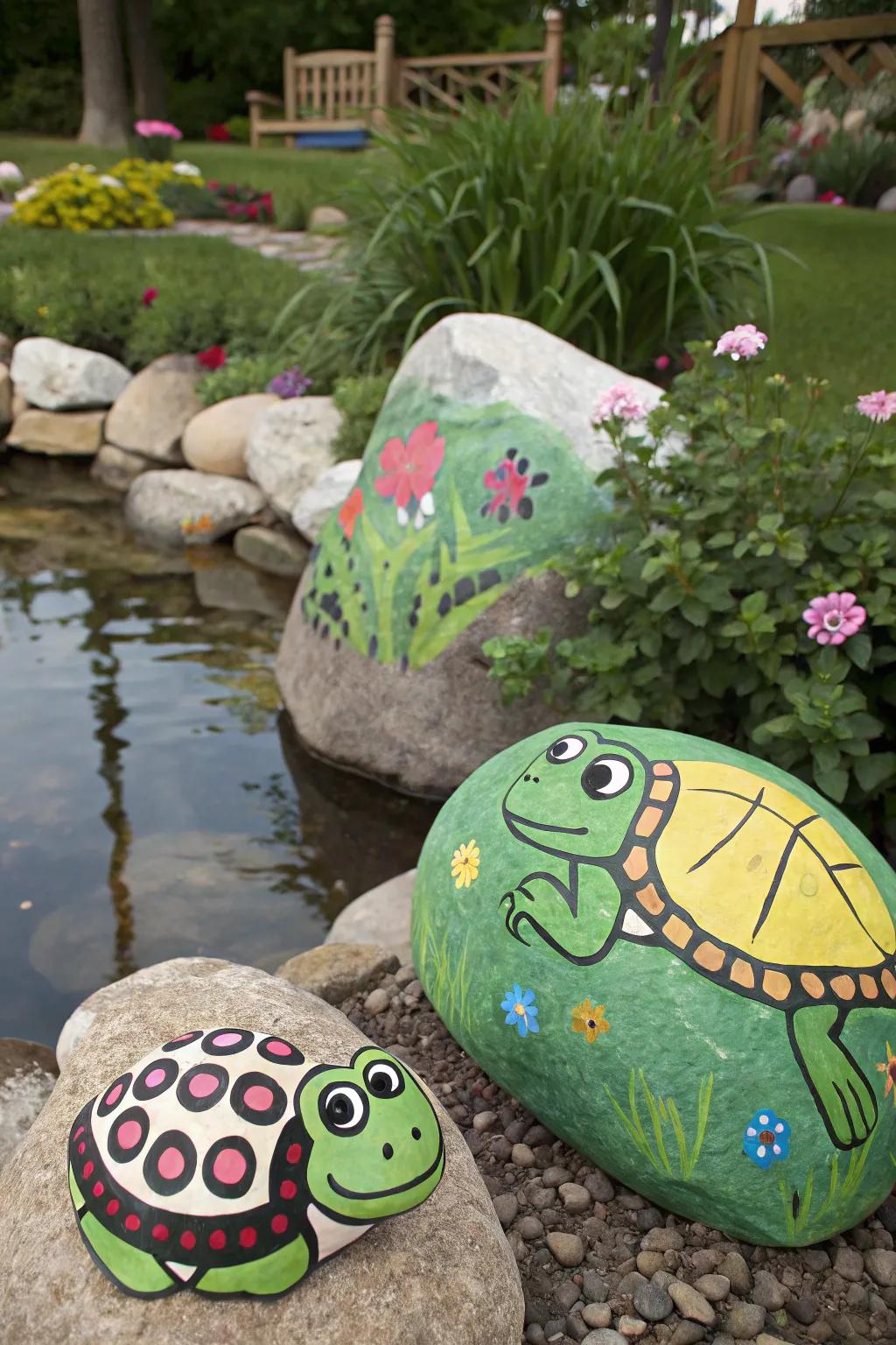 Enchant your garden with frog and turtle protector stones.