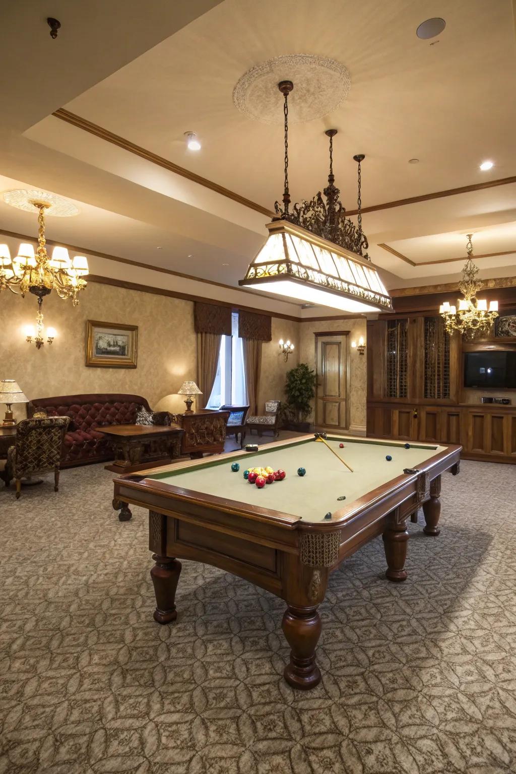 Plush carpeting boosts comfort inside your billiard space.