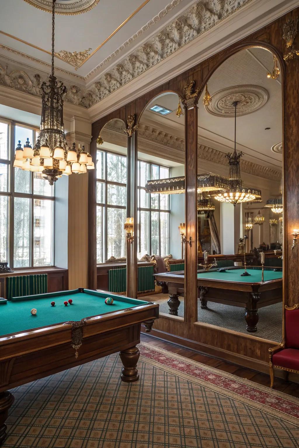 Mirrors provide a sense of enhanced space within a billiards room.
