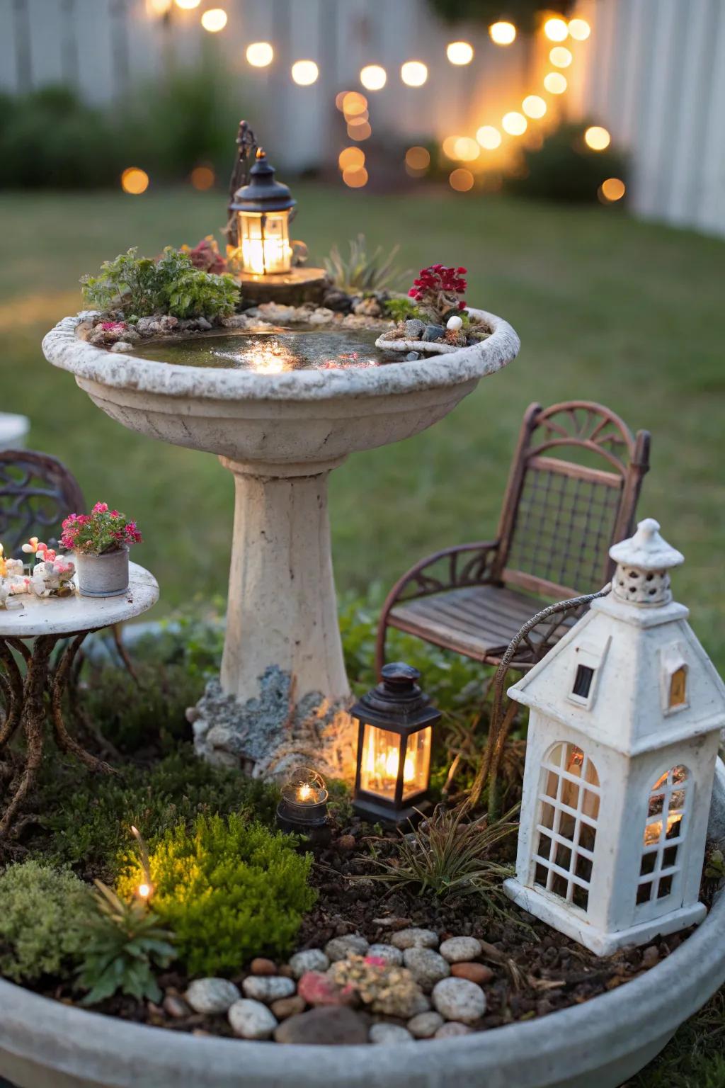 A fairy garden bird bath creates a magical atmosphere.