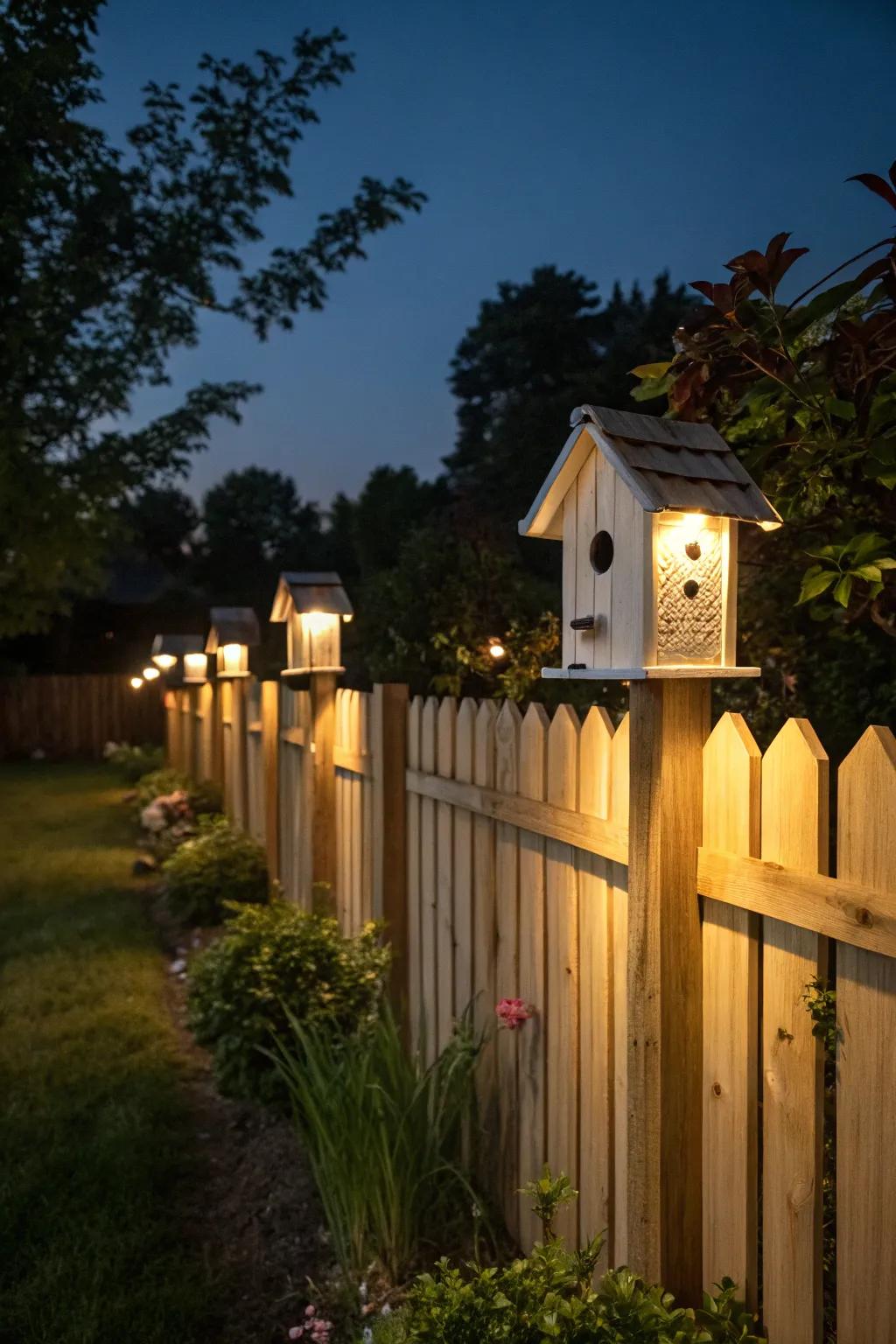 Birdhouse lanterns cast a warm luminosity across the fence after dark.