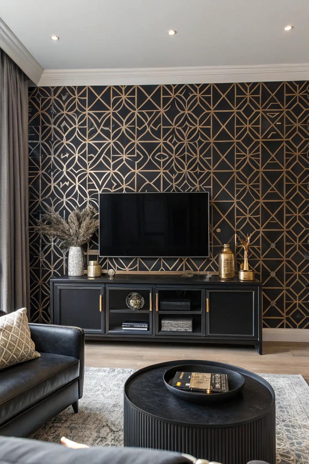 Patterned wallcovering infuses intrigue into a dark accent wall.