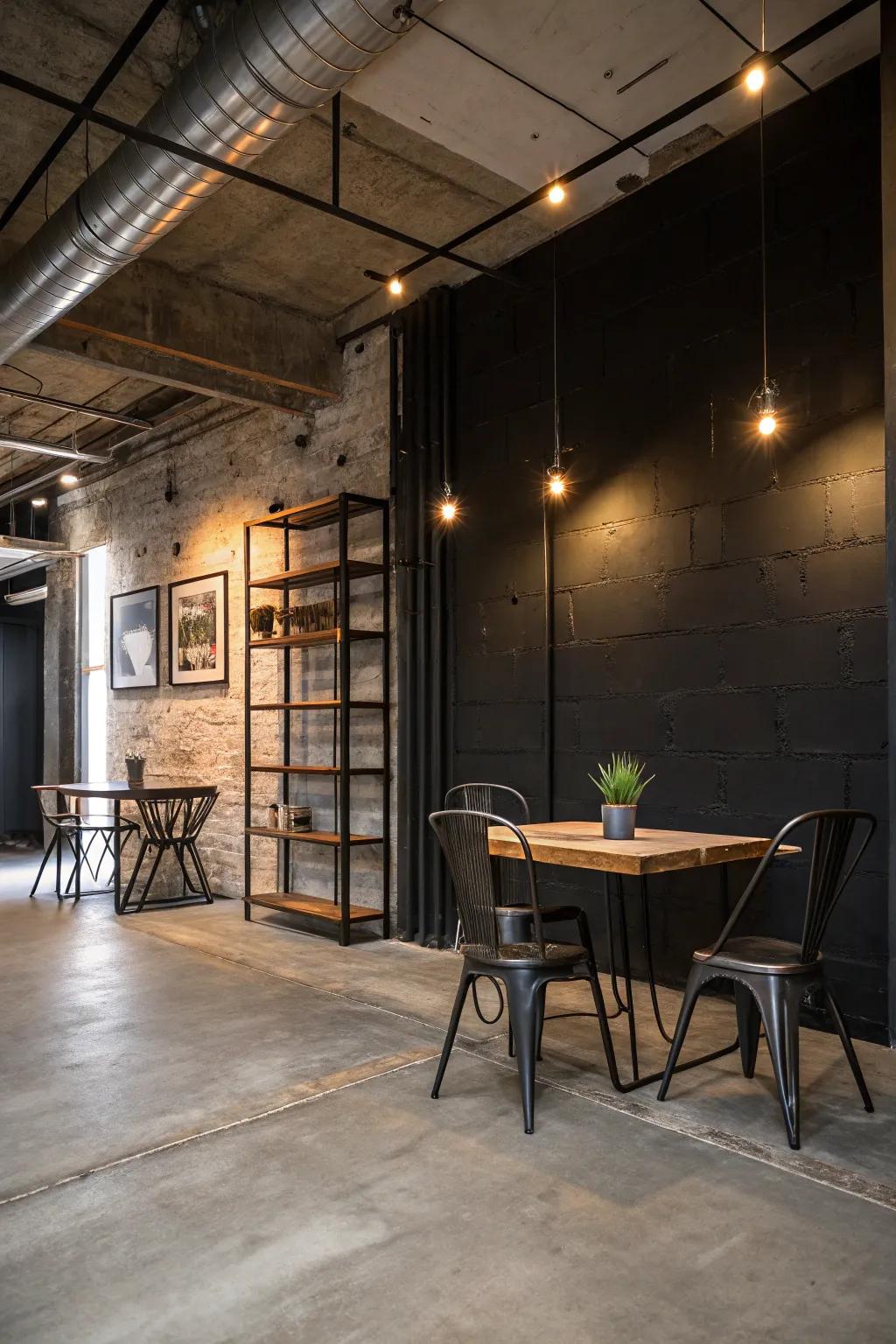 An industrial-themed room featuring a black accent wall alongside concrete and metal features.