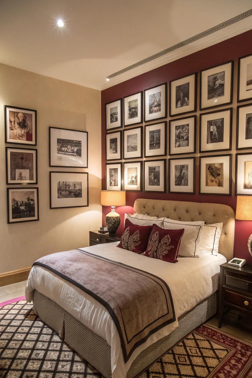 A gallery wall injects personal personality and allure to your bedroom.