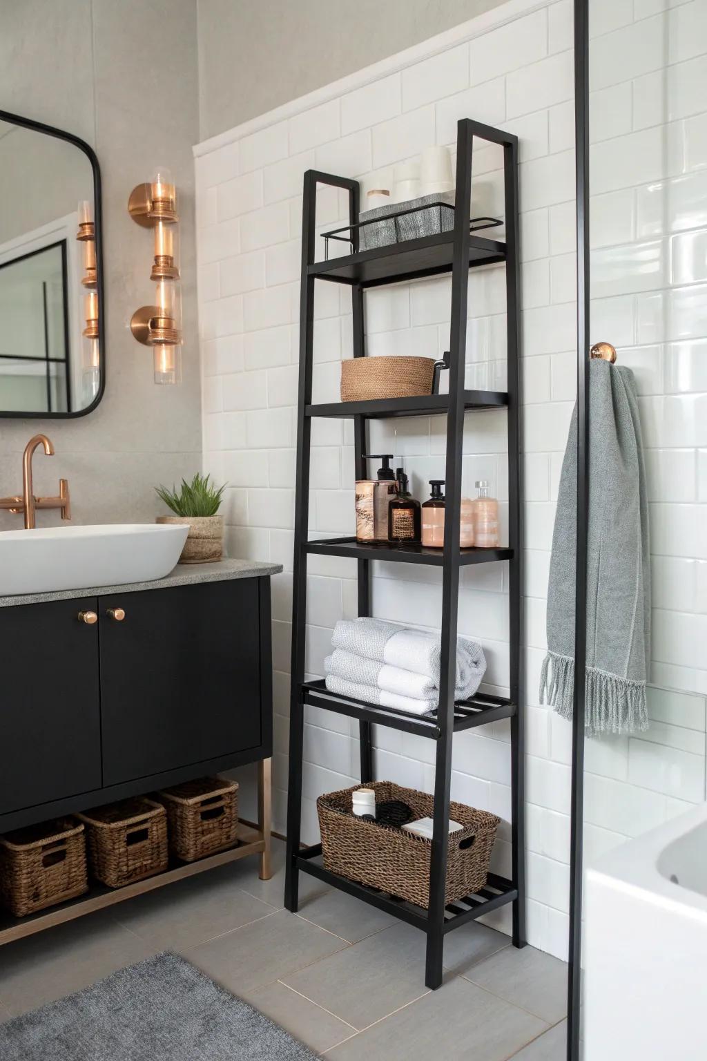 Sleek storage solutions keep the bathroom tidy and stylish.