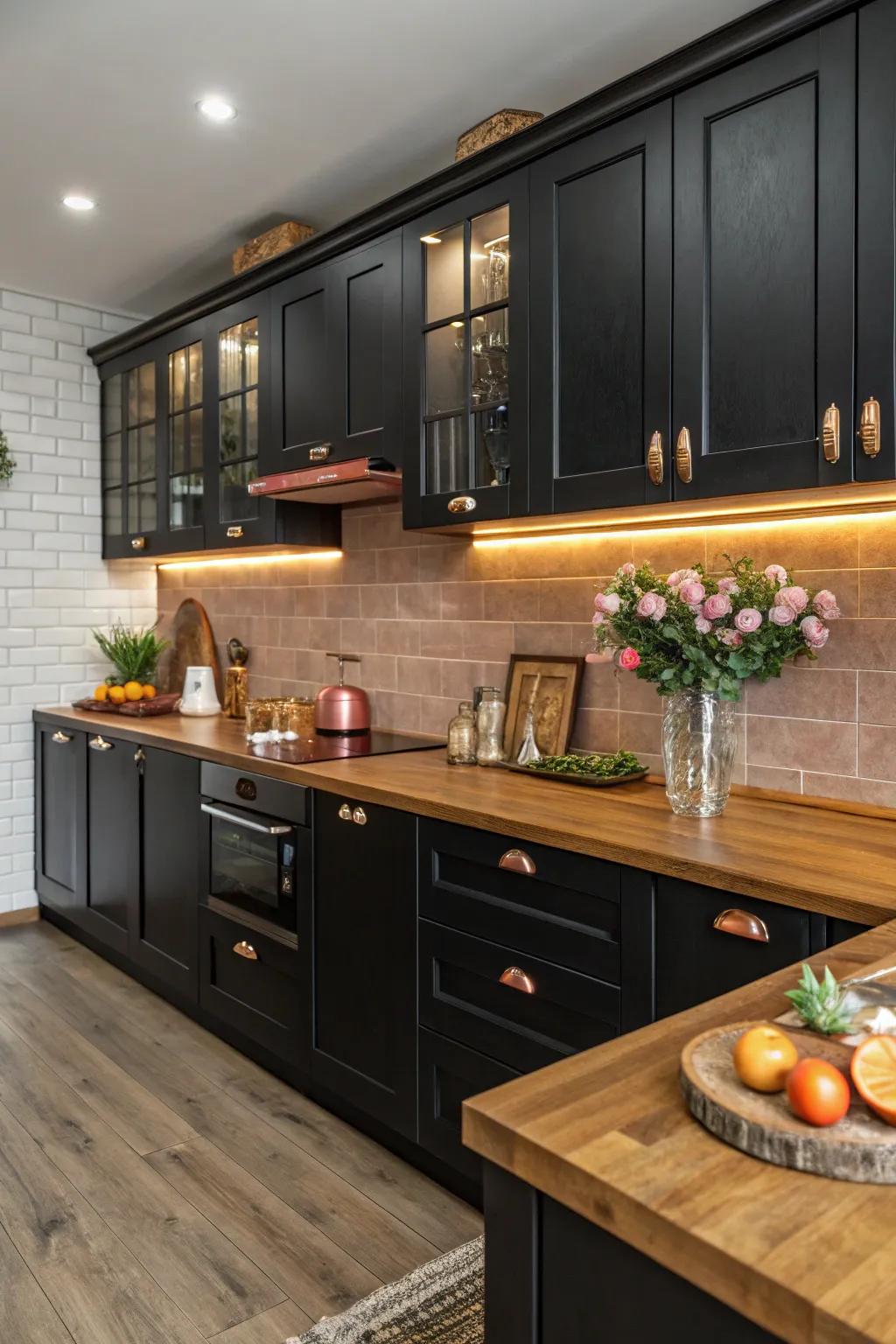 The combination of wood and copper delivers a warm contrast within a black kitchen.